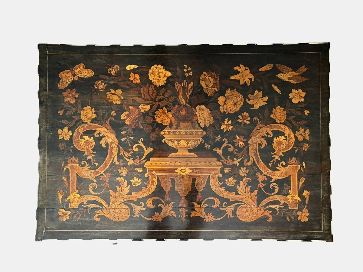 Tavolo scrittoio da centro con sedia , stile Luigi XIV Francia, XIX° secolo Intarsi in legni va-photo-2