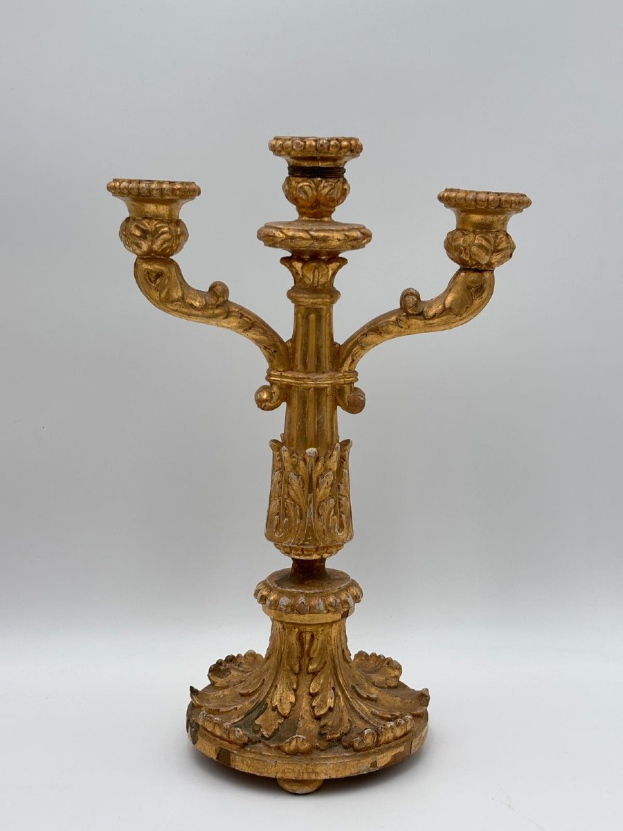 Coppia di candelabri a tre fiamme in legno dorato – Sicilia fine XVIII / inizi XIX secolo-photo-2