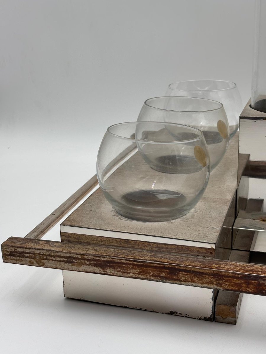 Servizio da bar modernista in metallo e vetro – Italia, anni 1960-photo-2