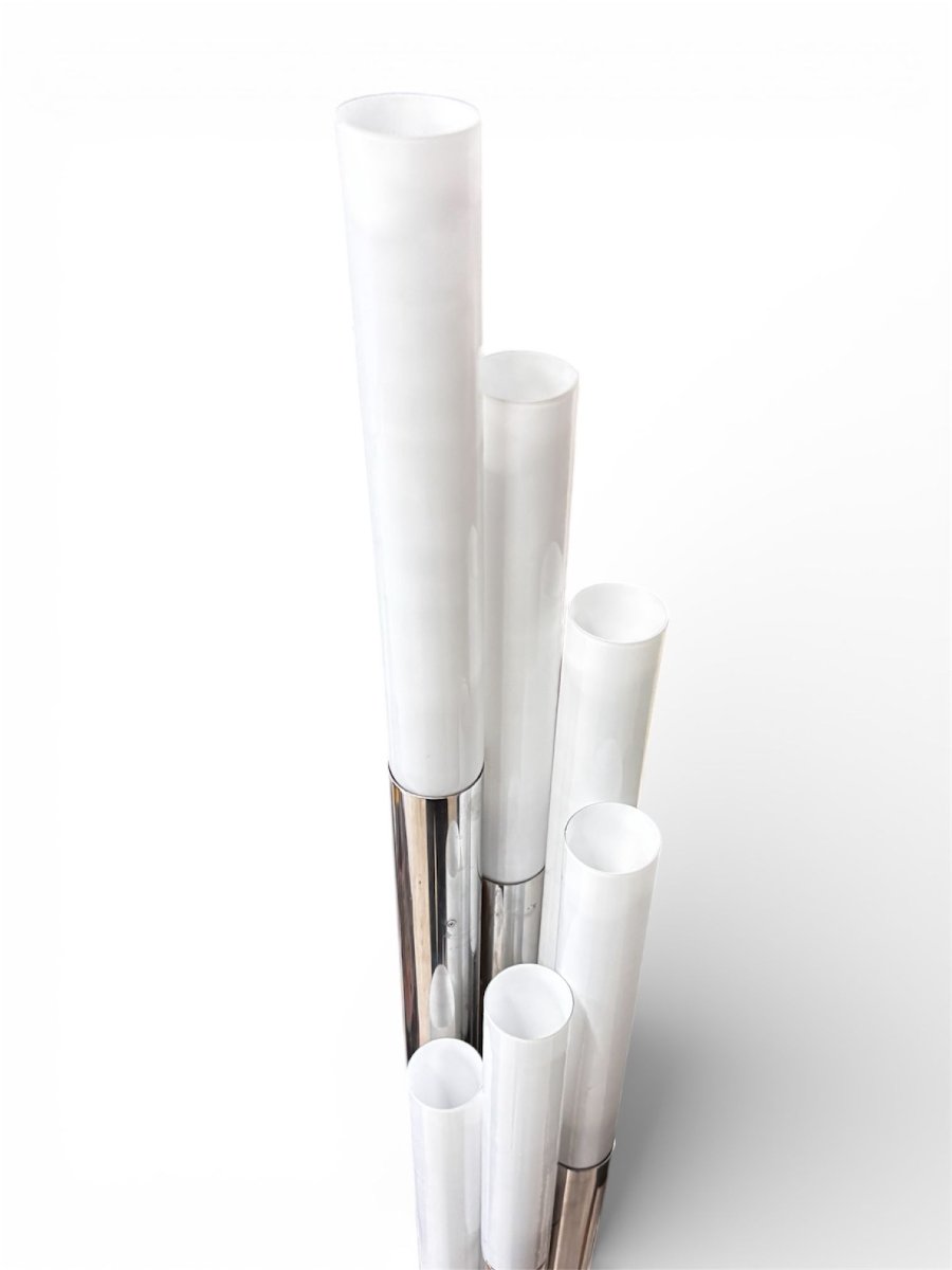 Lampada da terra italiana anni 60 in metallo cromato e vetro opalino – produzione Milano-photo-3