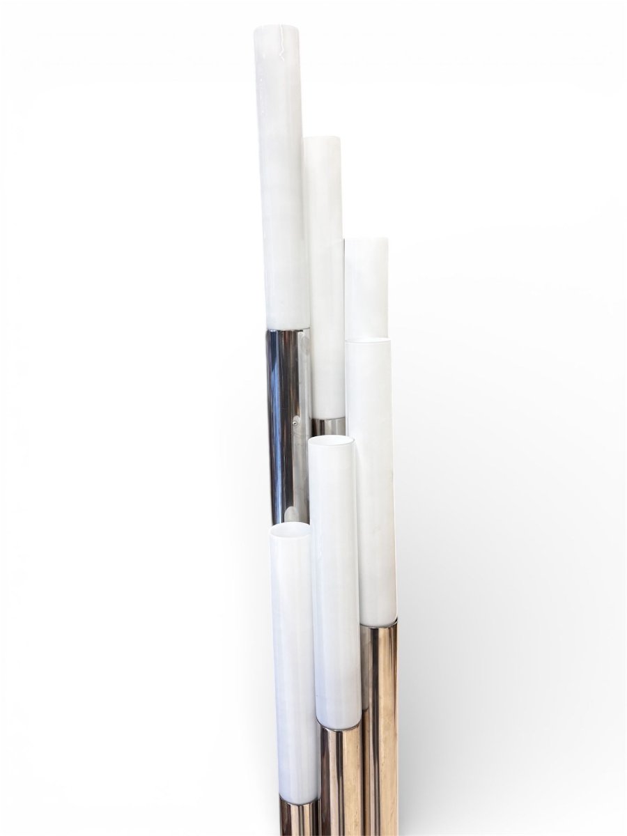 Lampada da terra italiana anni 60 in metallo cromato e vetro opalino – produzione Milano-photo-5