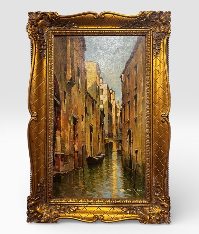 Coppia di dipinti a olio su tavoletta con vedute urbane italiane e veneziane – firmati G. S. Re-photo-3