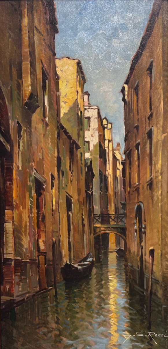 Coppia di dipinti a olio su tavoletta con vedute urbane italiane e veneziane – firmati G. S. Re-photo-5