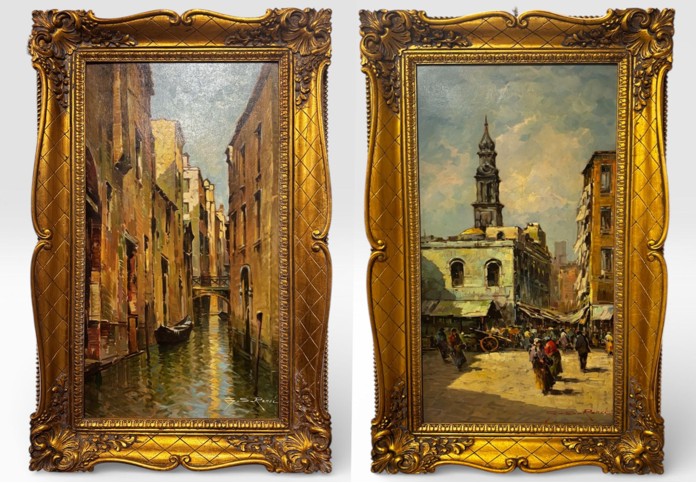Coppia di dipinti a olio su tavoletta con vedute urbane italiane e veneziane – firmati G. S. Re