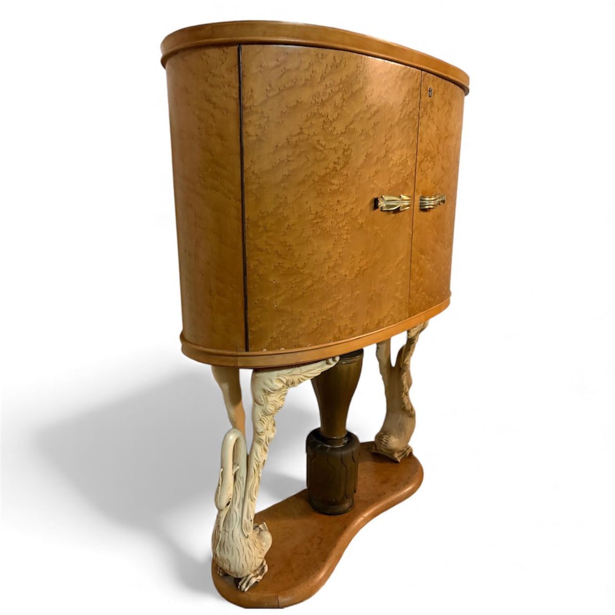  Mobile bar Art Déco italiano con cigni scolpiti e colonna in bronzo dorato, ca. 1940-photo-2
