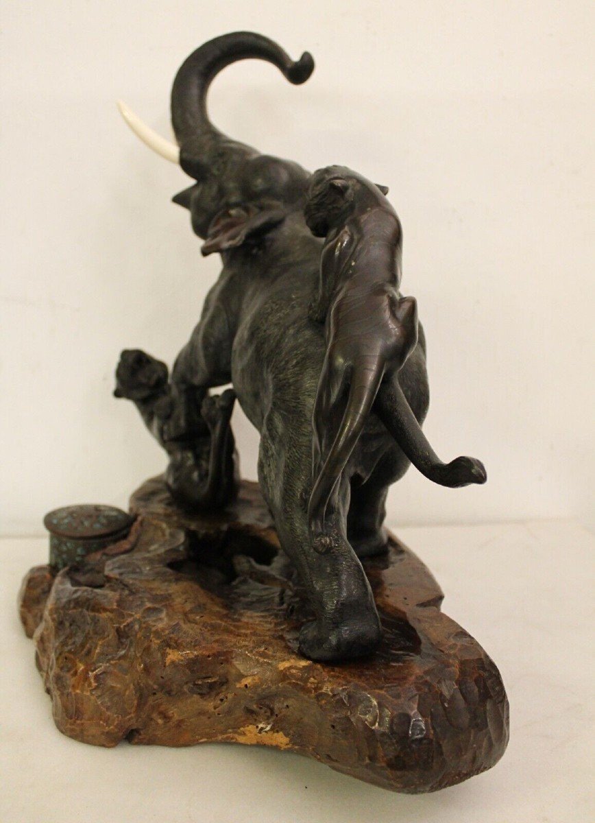 Gruppo scultoreo elefante e tigri Okimono-photo-7