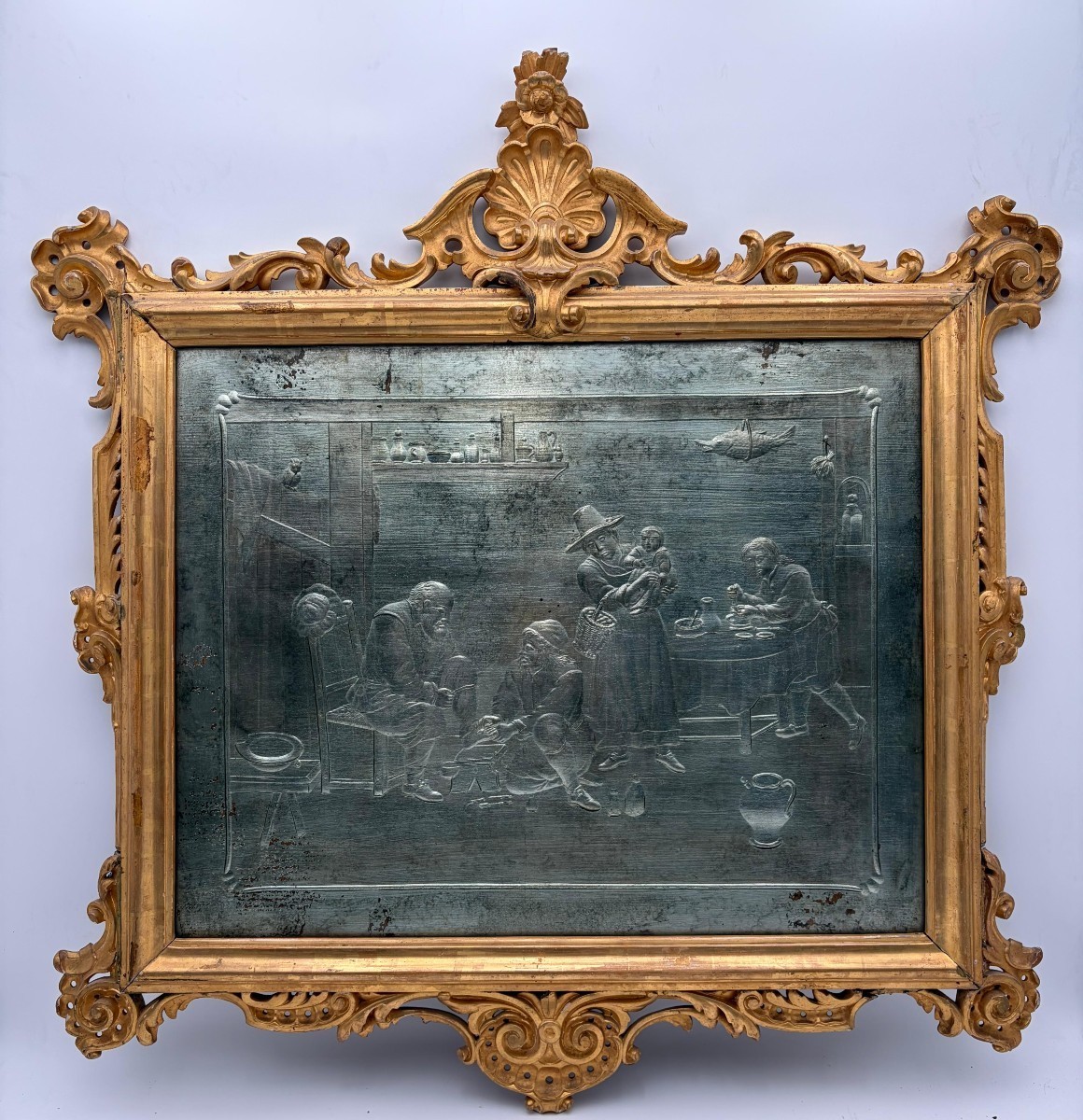 Scena domestica incisa su vetro con foglia d'argento, Francia o Italia, fine del XIX secolo