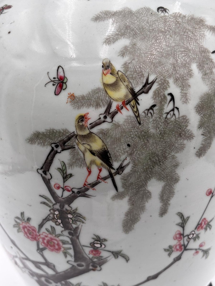 Vaso Cinese in Porcellana Decorata con Uccelli e Rami Fioriti-photo-4