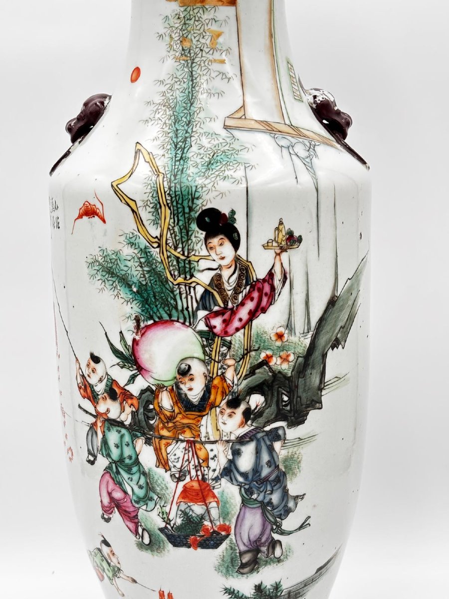 Vaso cinese in porcellana decorata con scena figurata e calligrafia – Cina, inizio XX secolo-photo-4
