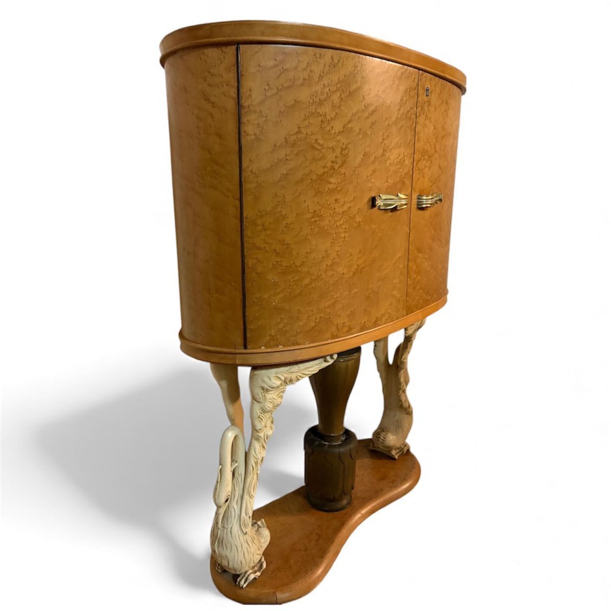  Mobile bar Art Déco italiano con cigni scolpiti e colonna in bronzo dorato, ca. 1940-photo-2