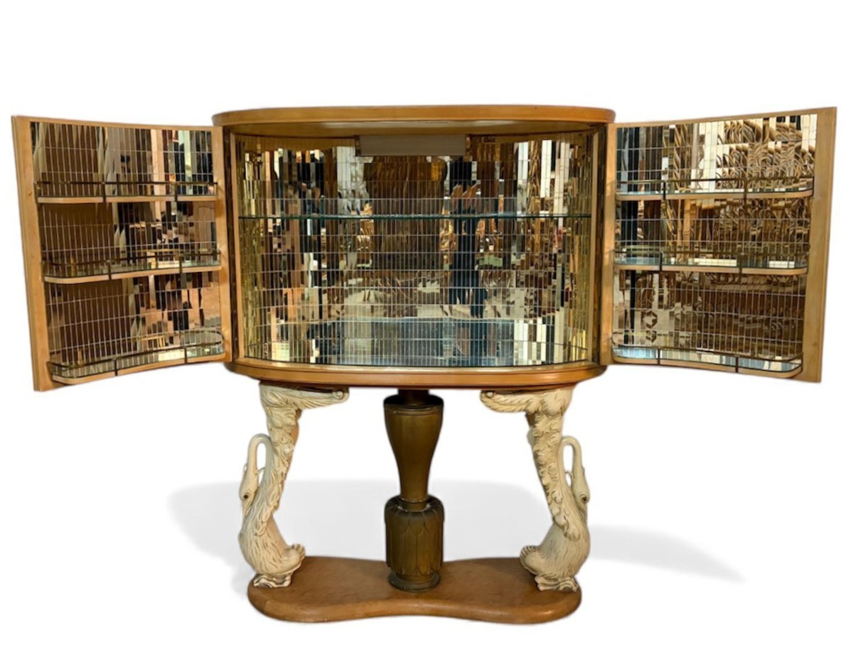  Mobile bar Art Déco italiano con cigni scolpiti e colonna in bronzo dorato, ca. 1940