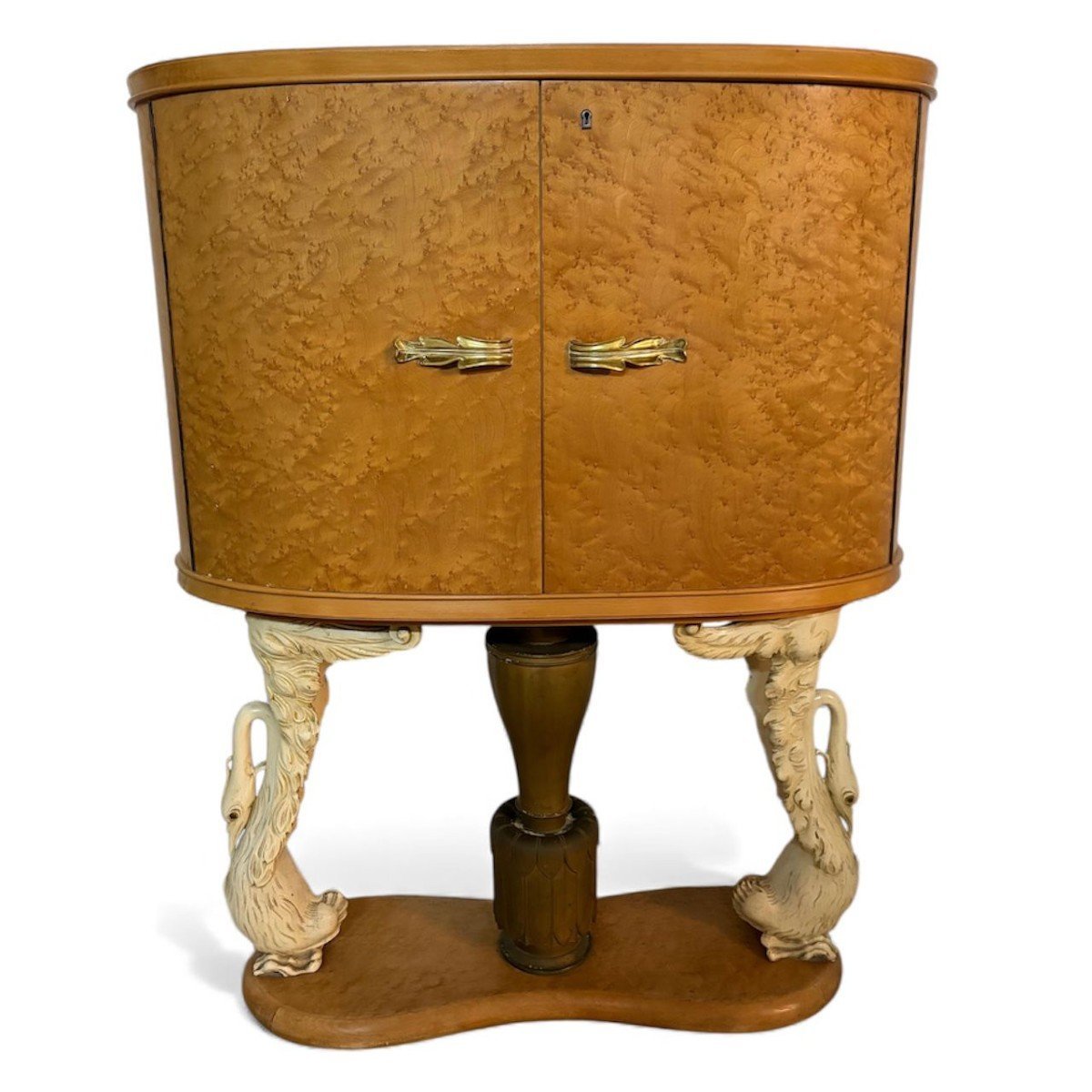  Mobile bar Art Déco italiano con cigni scolpiti e colonna in bronzo dorato, ca. 1940