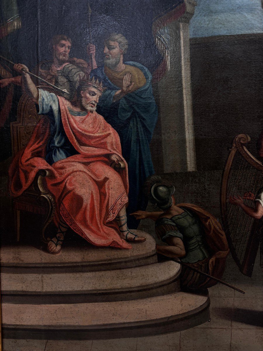 Grande dipinto a Olio su tela raffigurante David che suona l'arpa al Re Saul -photo-2