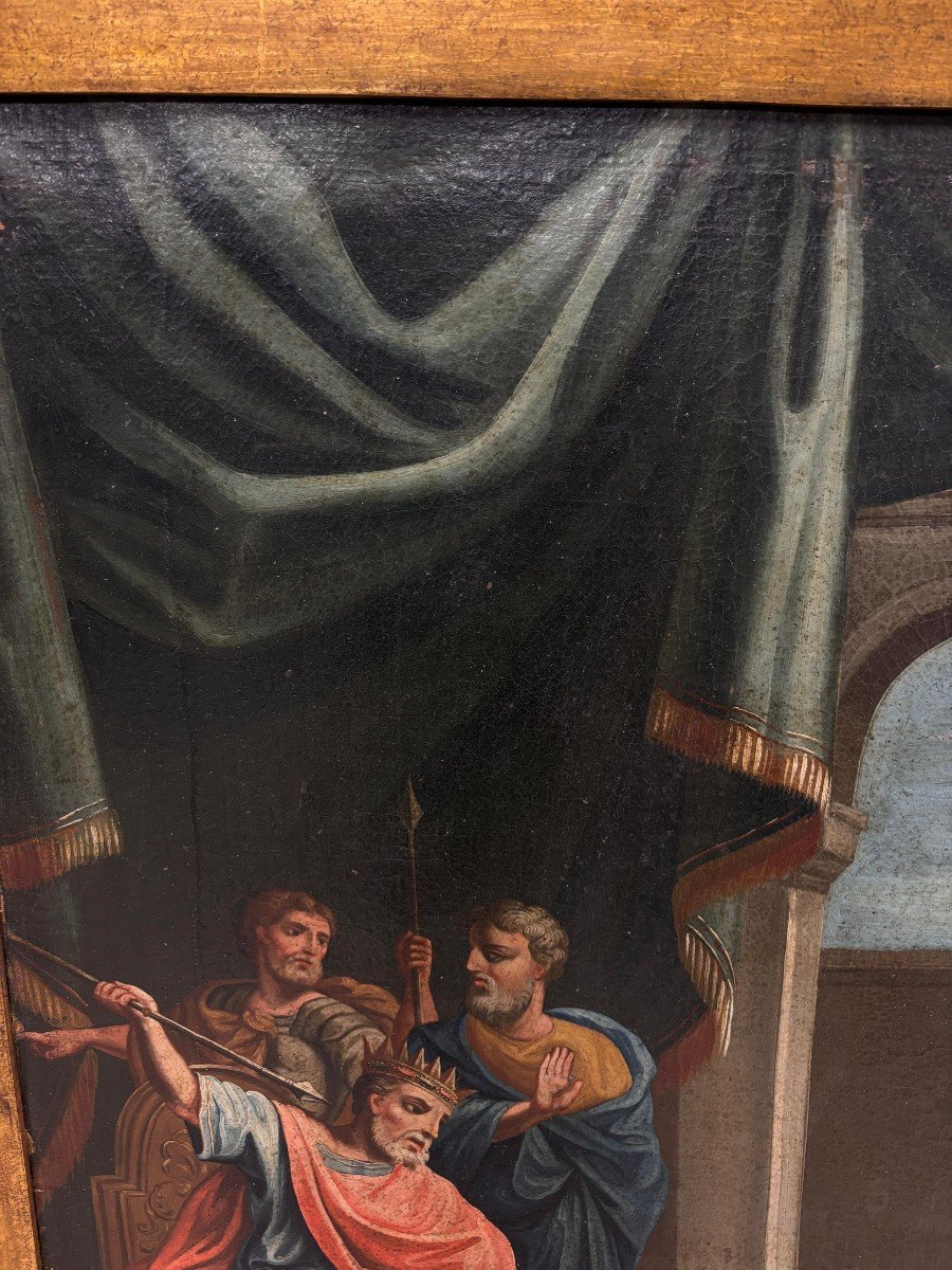 Grande dipinto a Olio su tela raffigurante David che suona l'arpa al Re Saul -photo-4
