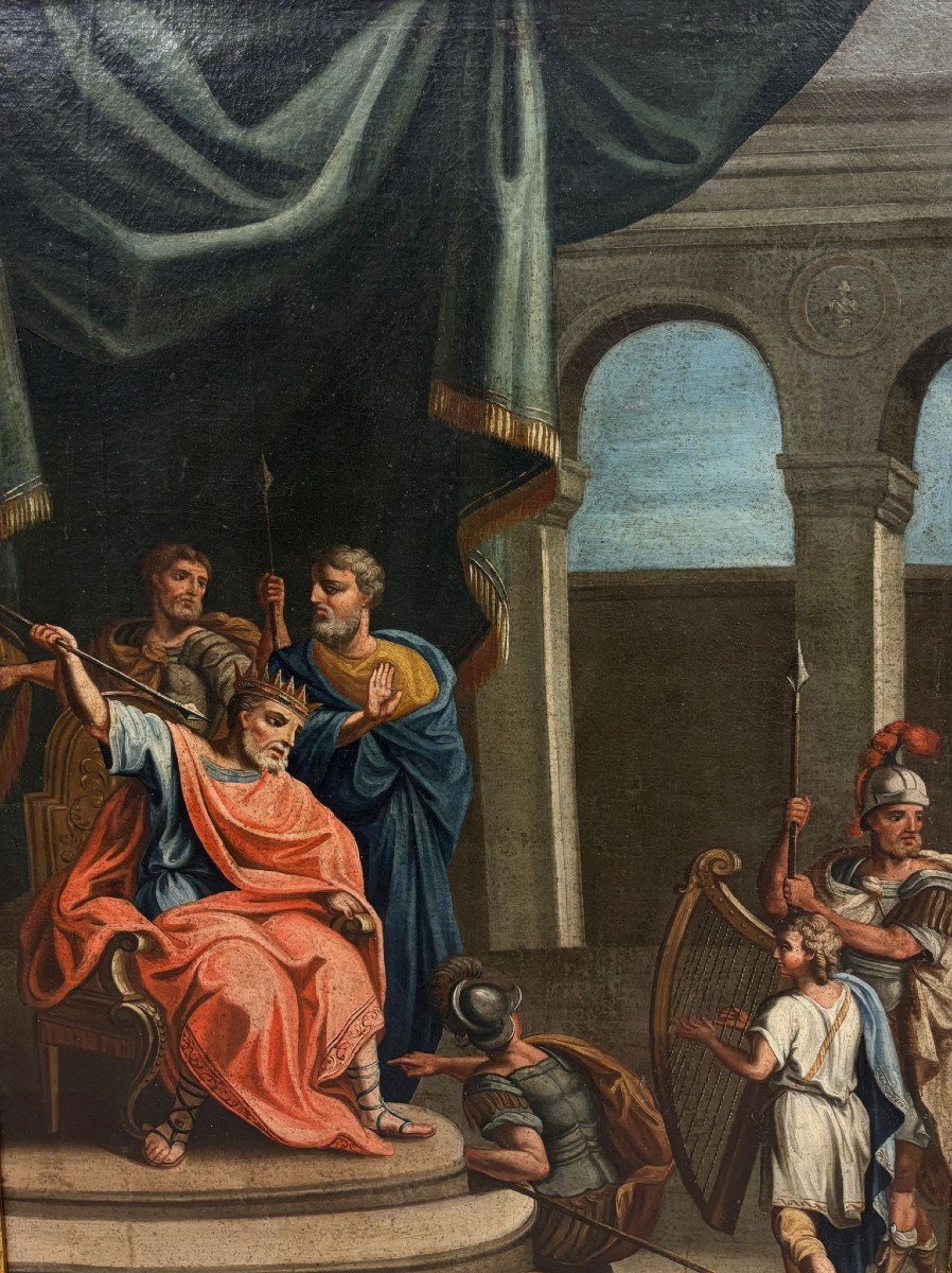 Grande dipinto a Olio su tela raffigurante David che suona l'arpa al Re Saul -photo-3