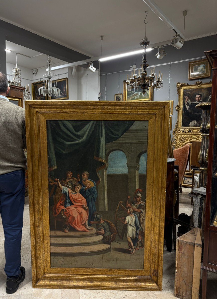 Grande dipinto a Olio su tela raffigurante David che suona l'arpa al Re Saul -photo-4