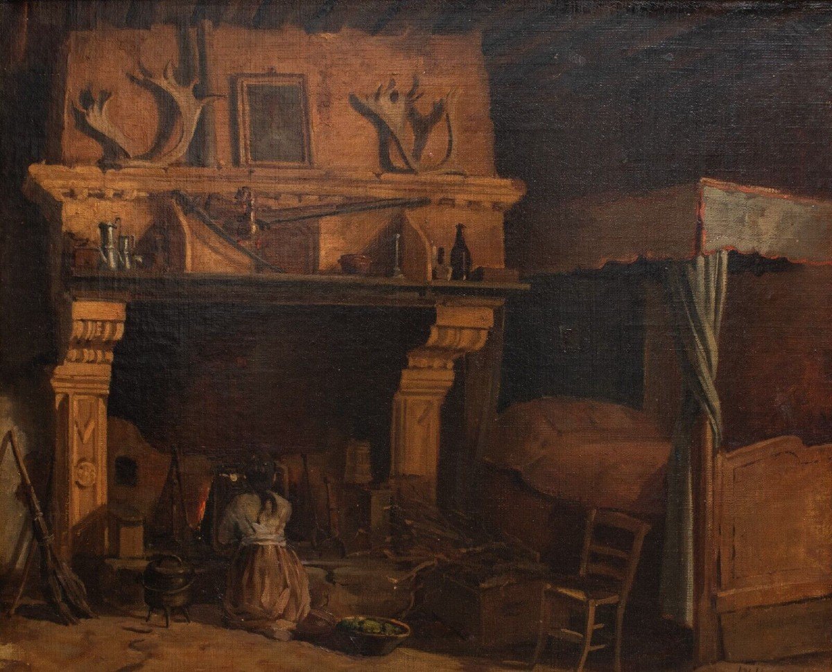 Interno rustico con grande camino – Lambertus Johannes Hansen  (1803-1859)-photo-2
