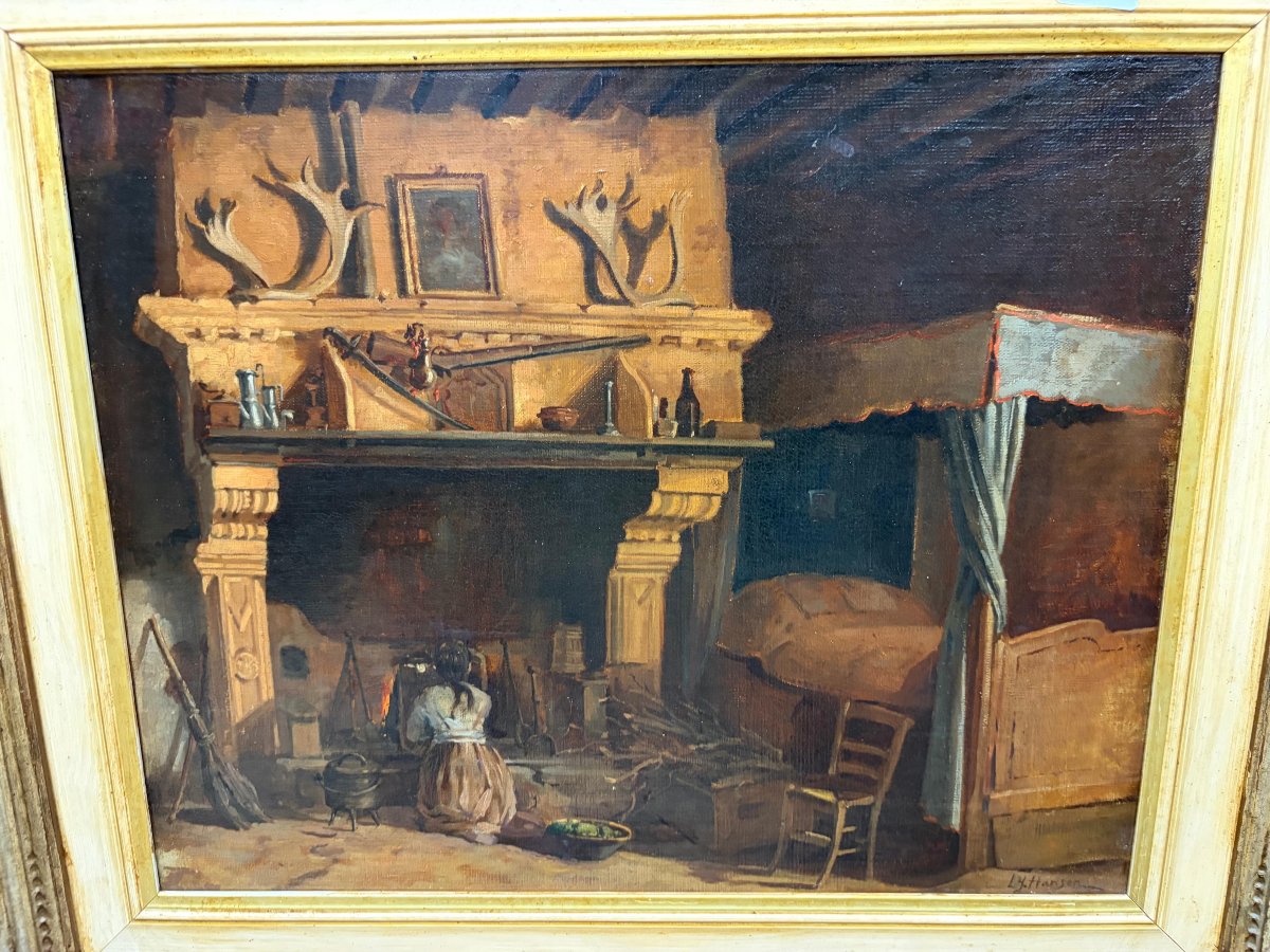 Interno rustico con grande camino – Lambertus Johannes Hansen  (1803-1859)