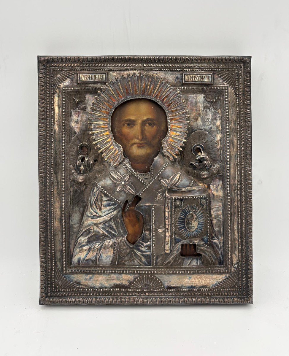 Icona russa di San Nicola con riza in argento – Russia, 1810