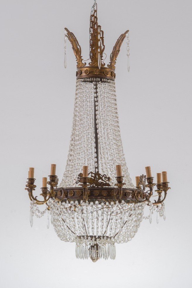 Grande lampadario a mongolfiera in bronzo 