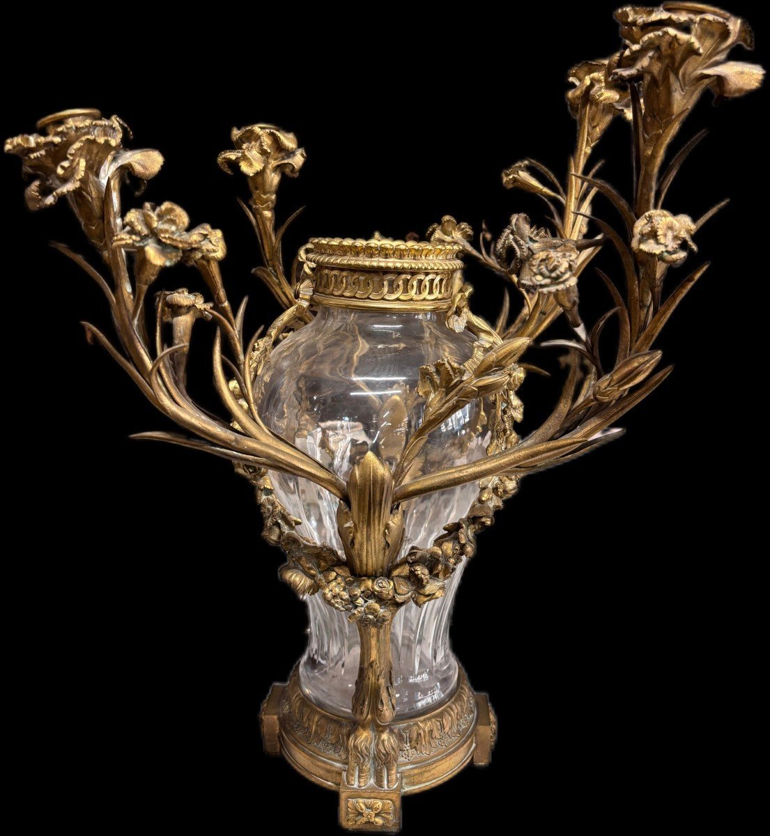 Grande lume con vaso in cristallo e bronzo dorato-photo-2