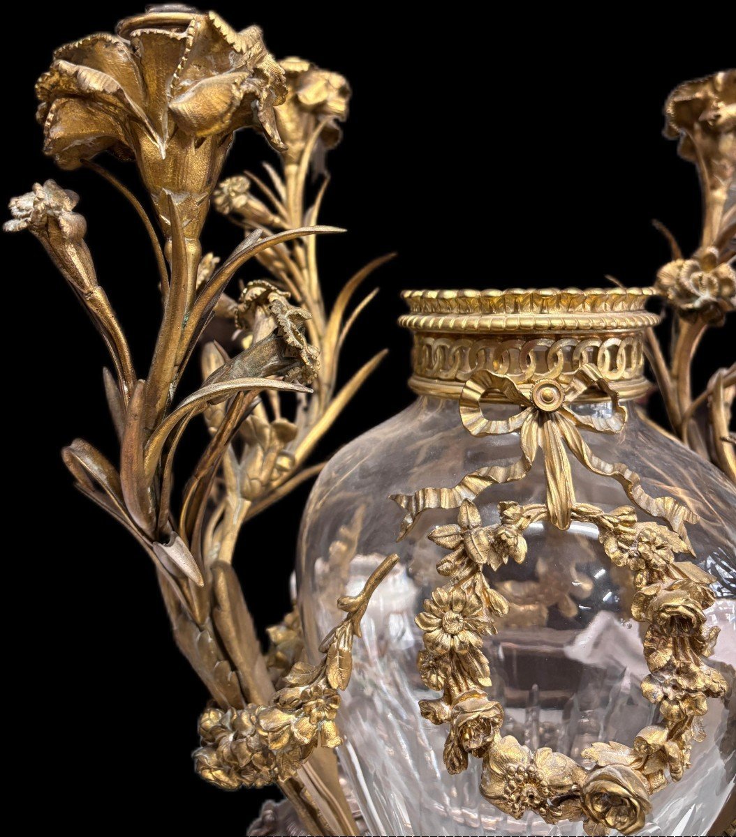 Grande lume con vaso in cristallo e bronzo dorato-photo-4