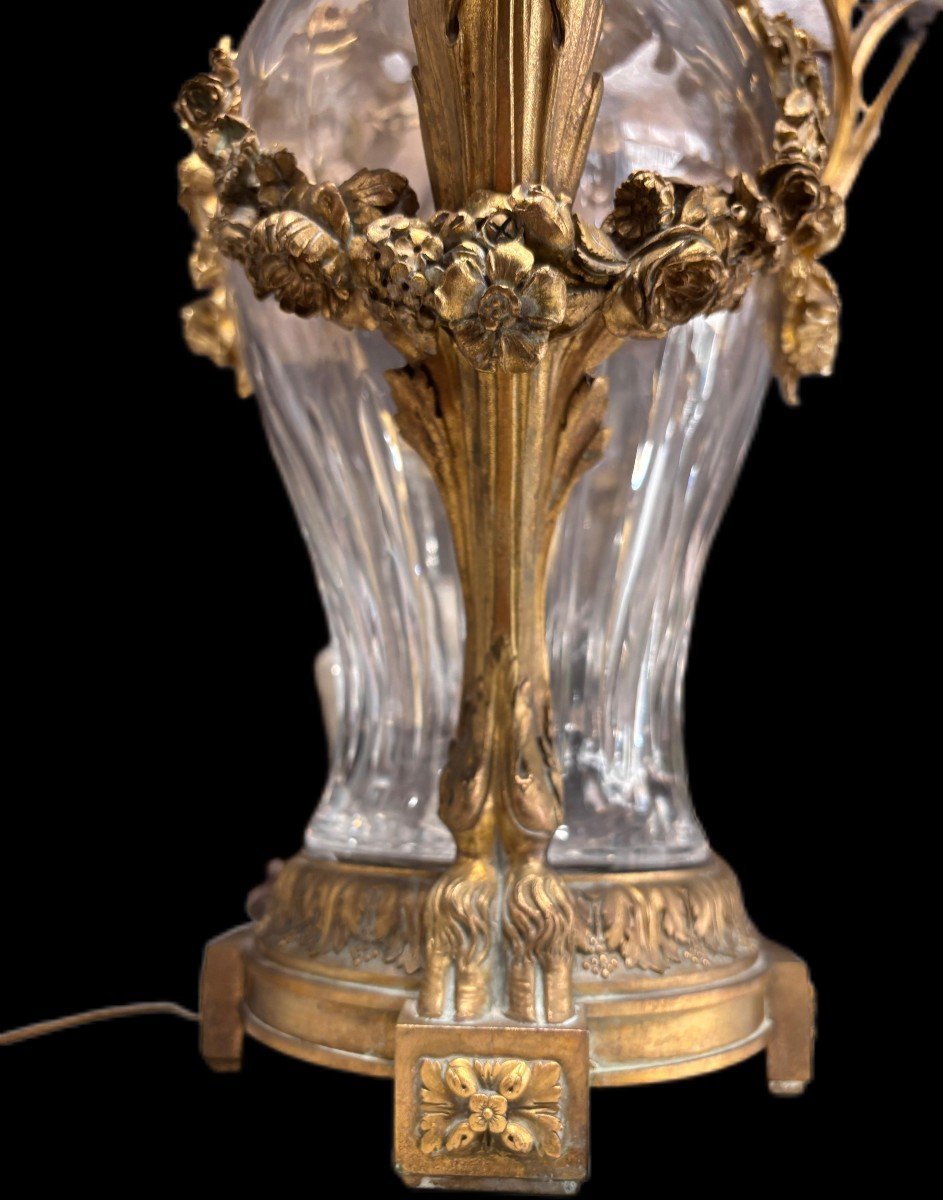 Grande lume con vaso in cristallo e bronzo dorato-photo-4