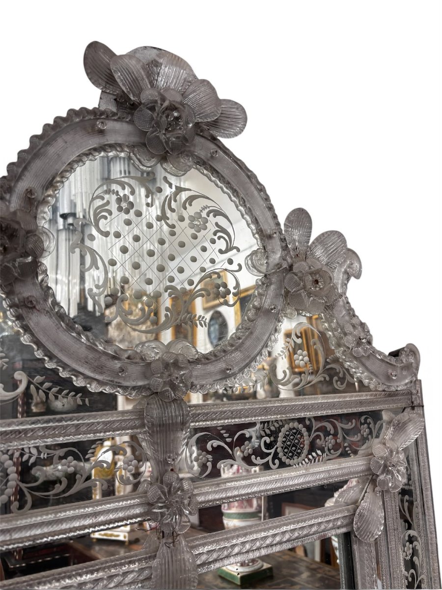 Grande specchiera veneziana in vetro di Murano inciso – inizio XX secolo-photo-1