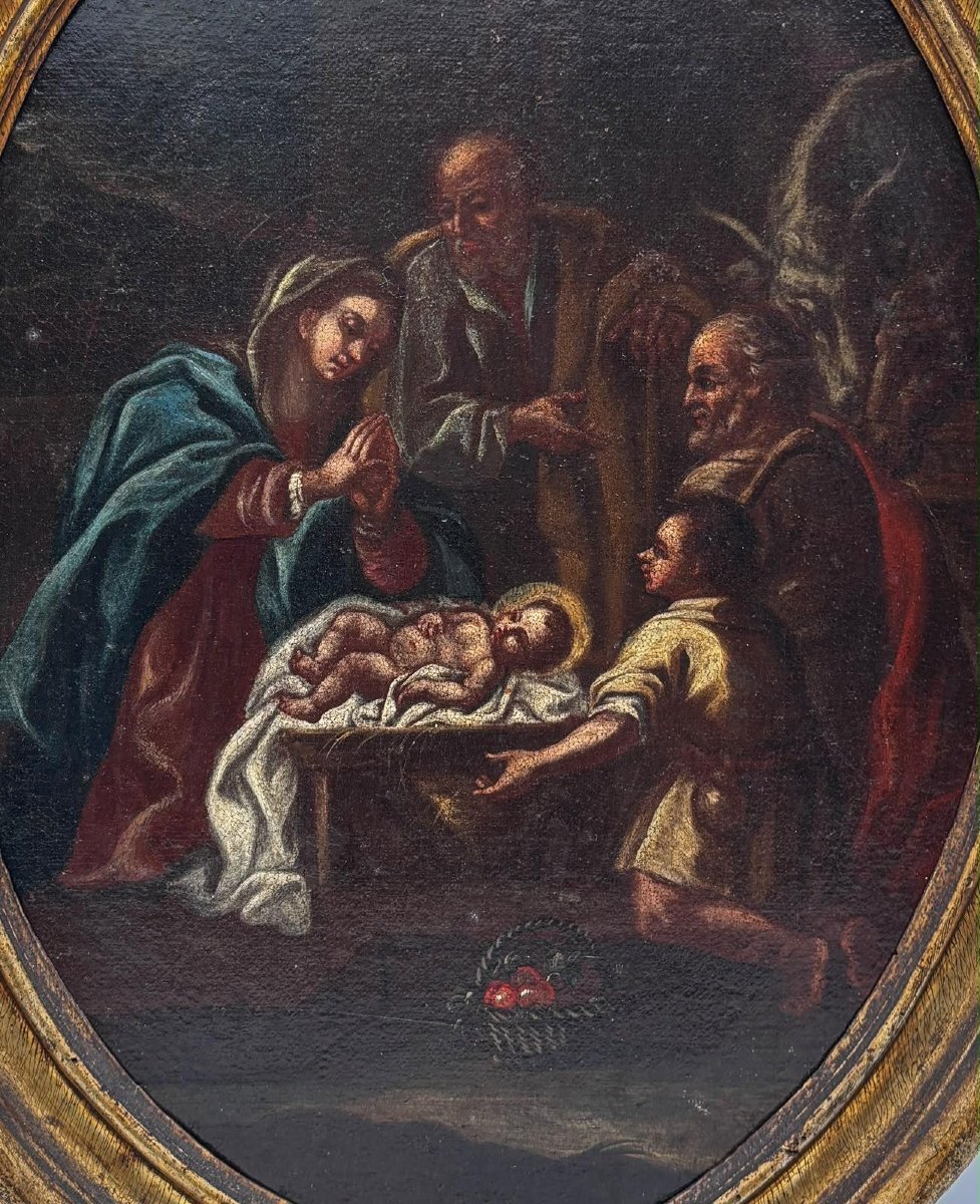 Adorazione del Bambino Gesù – Dipinto ovale, scuola italiana del XVIII secolo-photo-2