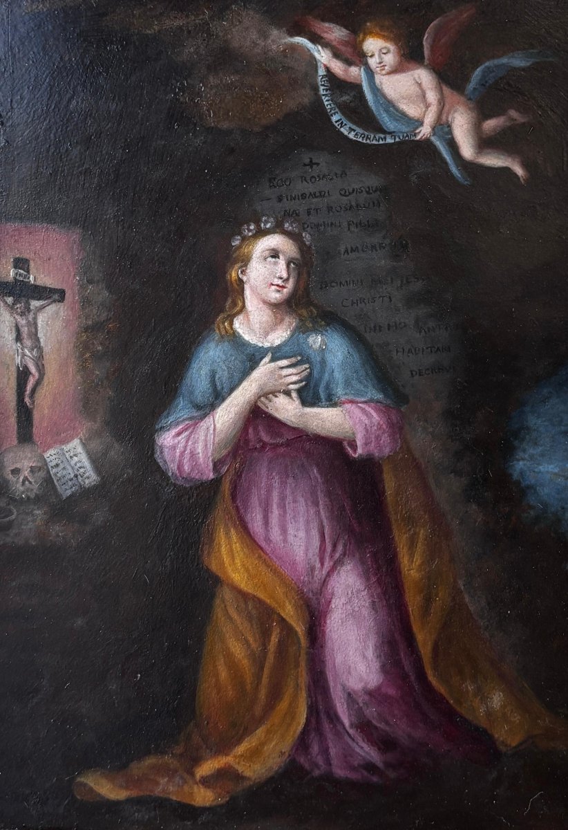 Santa Rosalia Eremita – Antico dipinto siciliano a olio su metallo – XVIII/XIX secolo-photo-3