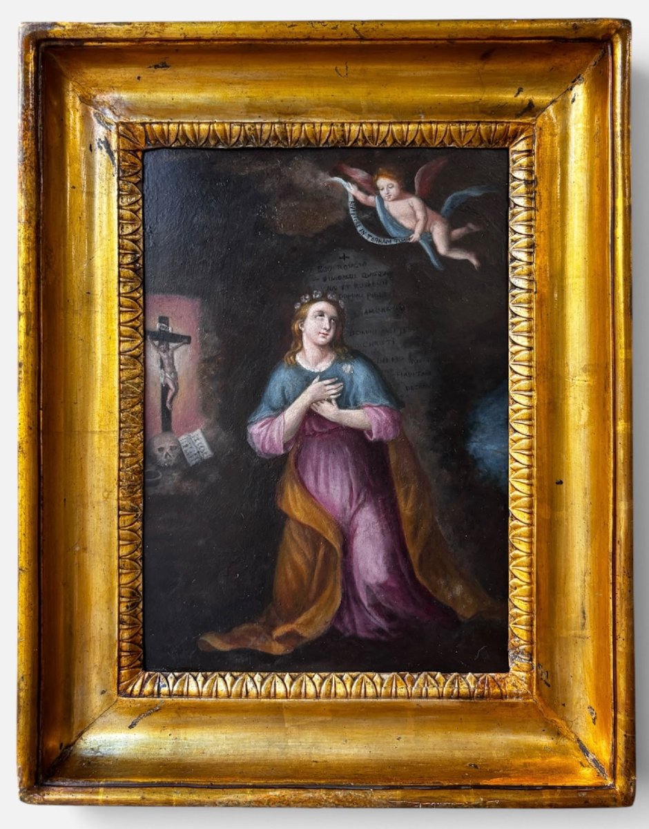 Santa Rosalia Eremita – Antico dipinto siciliano a olio su metallo – XVIII/XIX secolo
