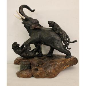 Gruppo scultoreo elefante e tigri Okimono