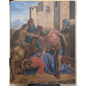 Olio su tella, Gesù cade con la Croce. 