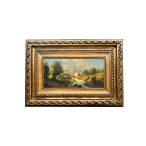 Paesaggio fluviale, olio su tavola, XX secolo.