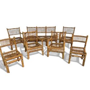 salotto in Bamboo e Rattan – Attribuito a Franco Albini per Bonacina, Italia Anni ’50–’60 – 7 P