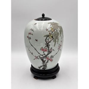 Vaso Cinese in Porcellana Decorata con Uccelli e Rami Fioriti