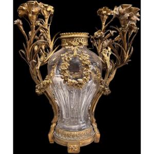 Grande lume con vaso in cristallo e bronzo dorato