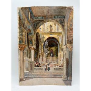 Michele Cortigiani – Interno della Cappella Palatina di Palermo – Acquerello