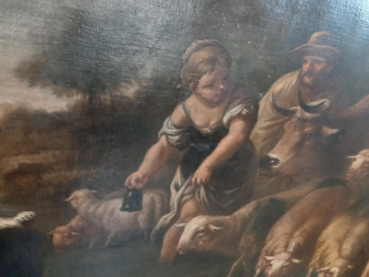 Dipinto olio su tela - Scena campestre con personaggi e animali, '700 - Lombardia-photo-2