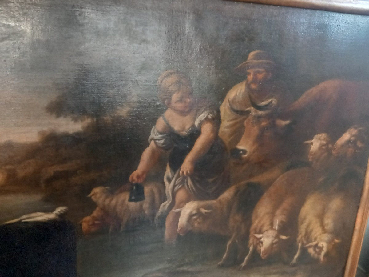 Dipinto olio su tela - Scena campestre con personaggi e animali, '700 - Lombardia-photo-1