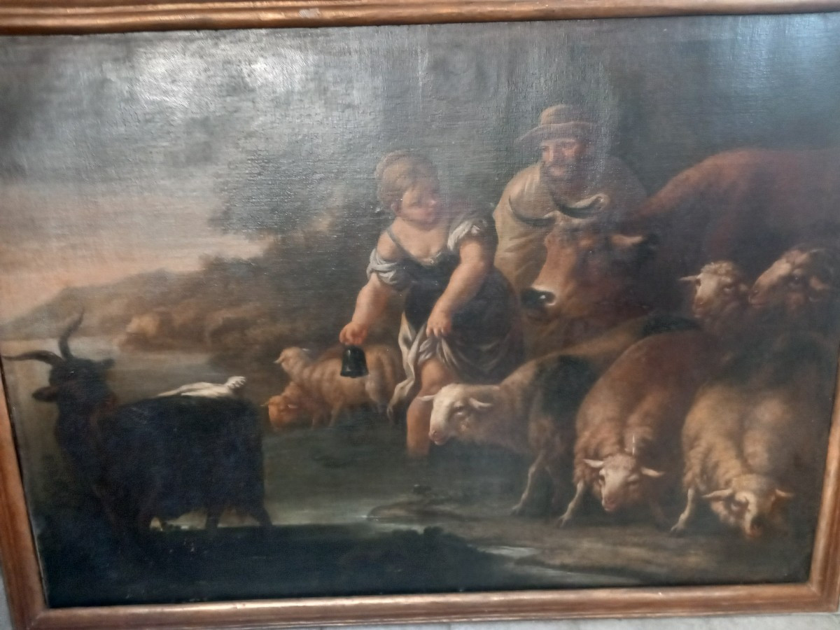 Dipinto olio su tela - Scena campestre con personaggi e animali, '700 - Lombardia