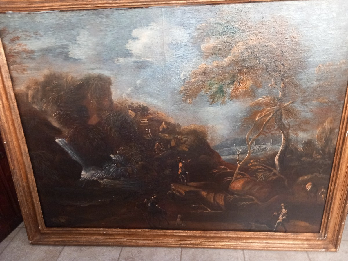 Dipinto olio su tela - Paesaggio con figure, '700 