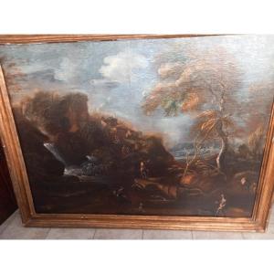 Dipinto olio su tela - Paesaggio con figure, '700 