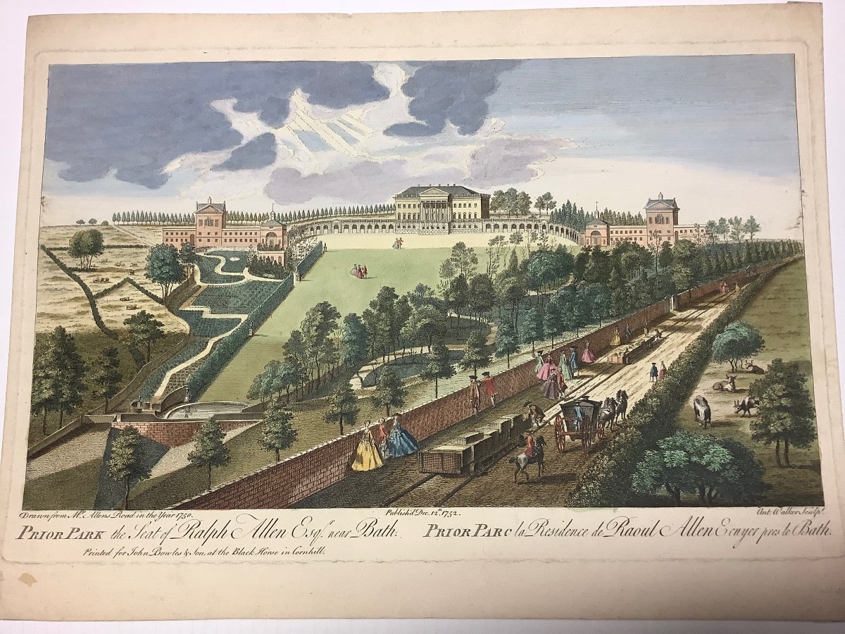 Incisione raffigurante residenza di Prior Park Inghilterra Ep 1752