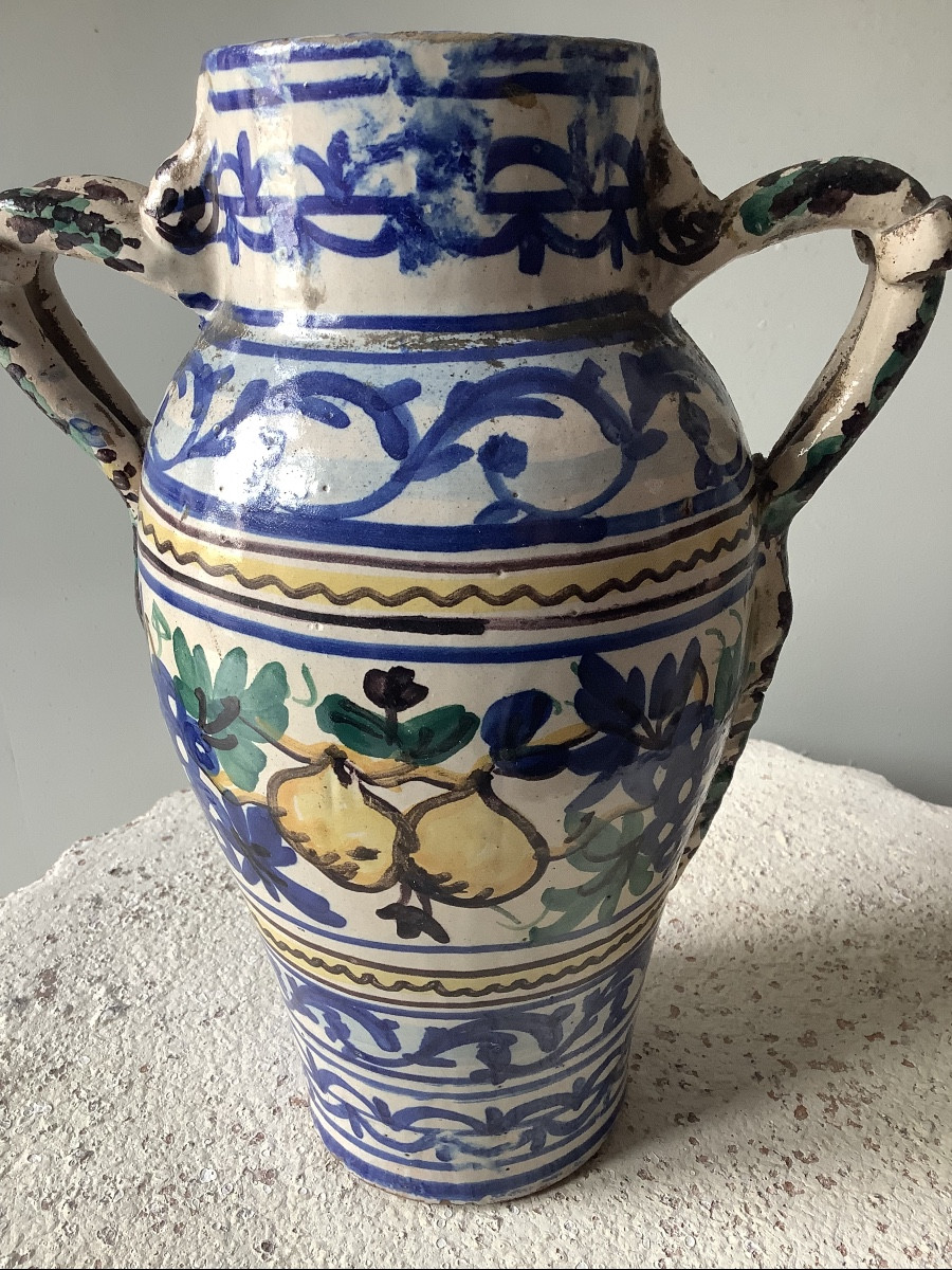 Albarello in maiolica con manici decorato con frutta Ep 800-photo-3