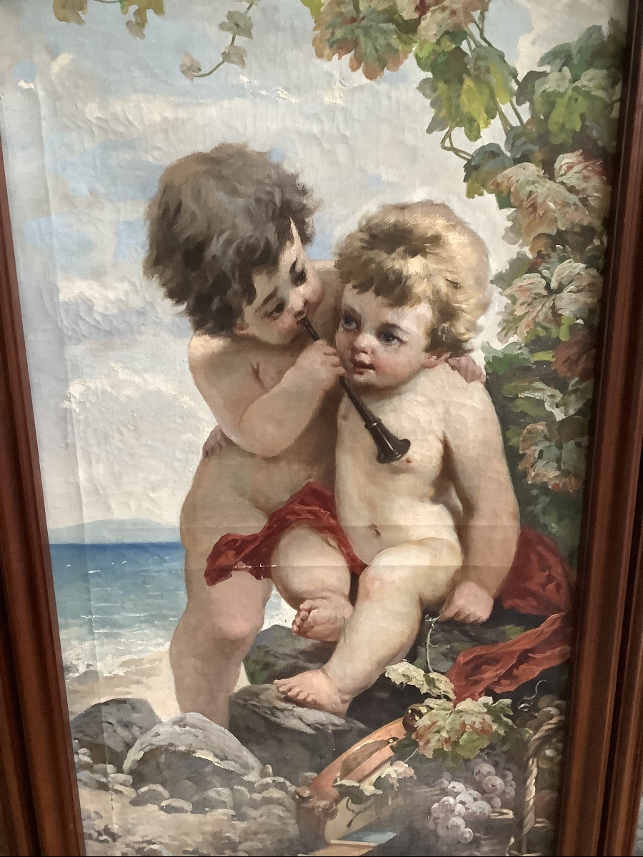Paravento in legno di mogano con putti oiio su tela Ep 1893-photo-2