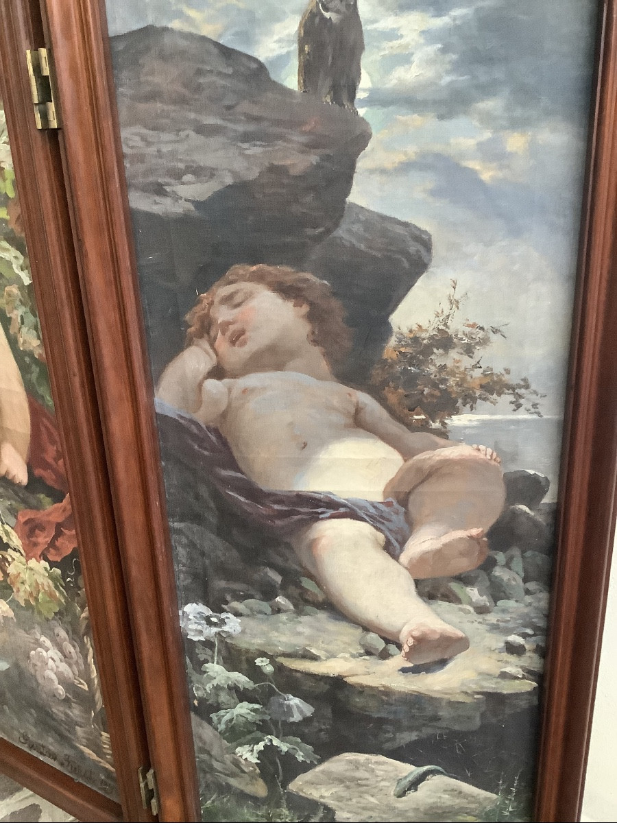 Paravento in legno di mogano con putti oiio su tela Ep 1893-photo-3