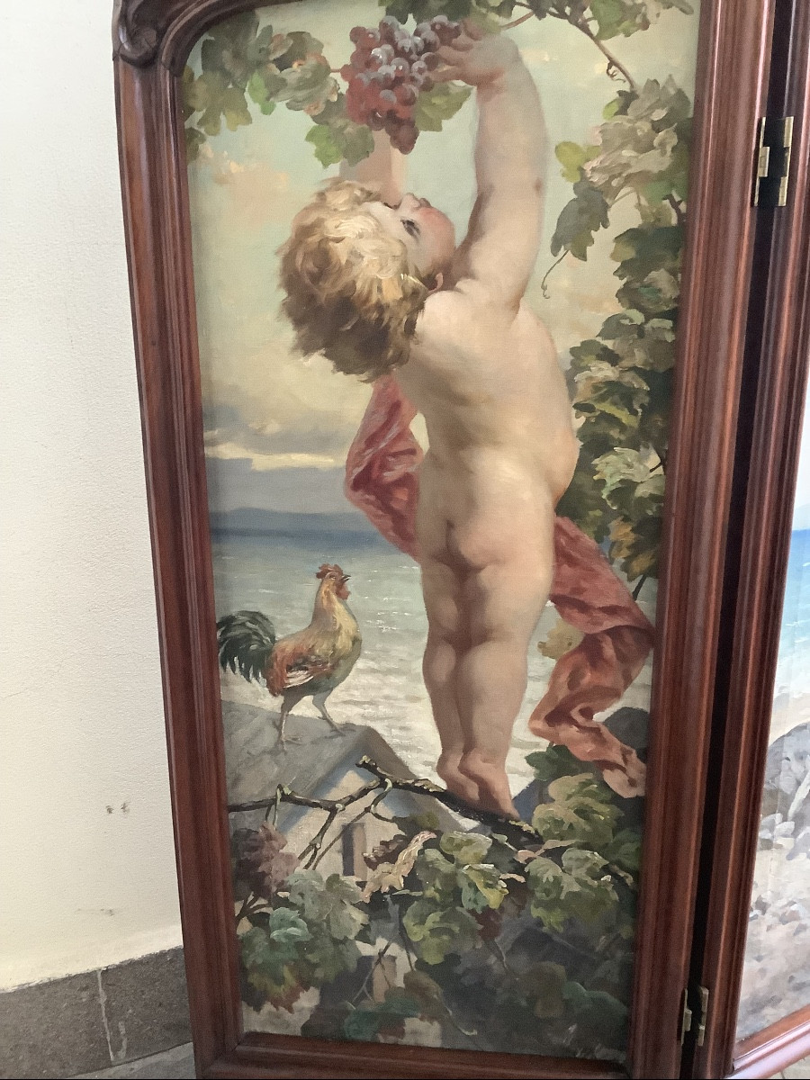 Paravento in legno di mogano con putti oiio su tela Ep 1893-photo-1