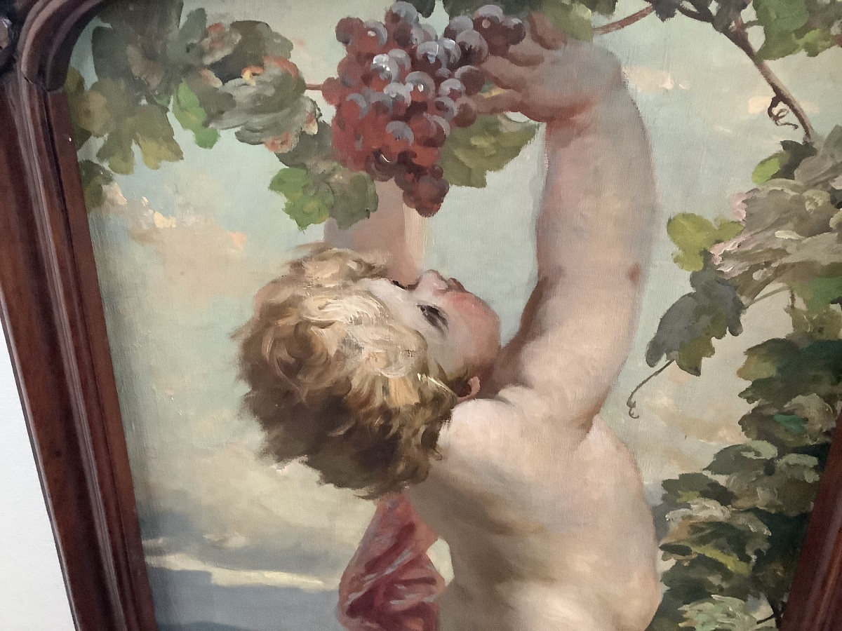 Paravento in legno di mogano con putti oiio su tela Ep 1893-photo-2