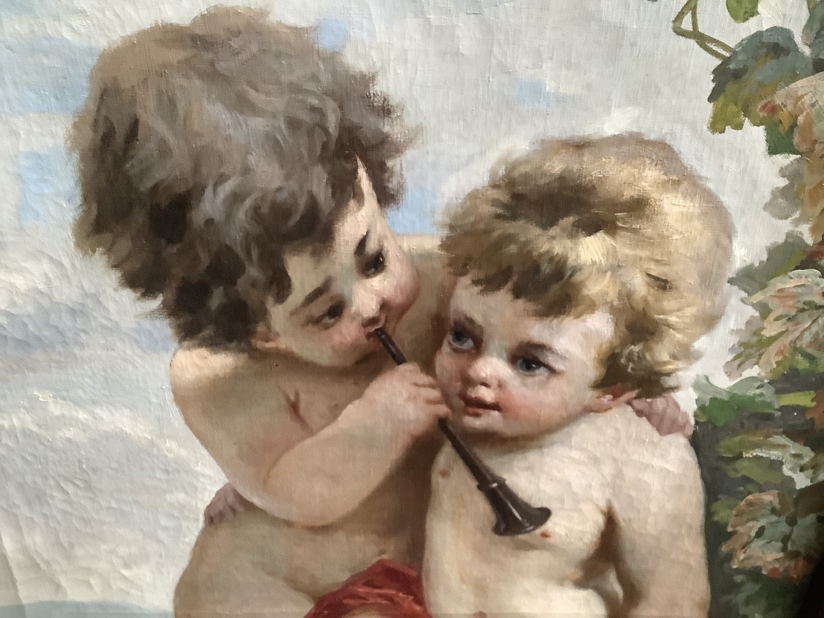 Paravento in legno di mogano con putti oiio su tela Ep 1893-photo-3